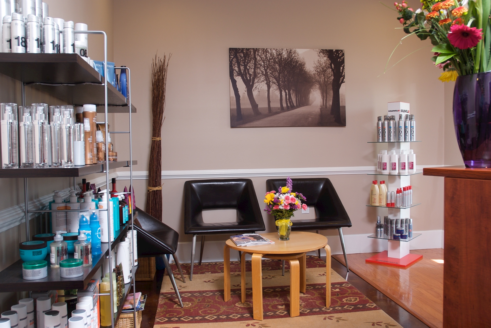 salon lobby and waiting area with hair car products